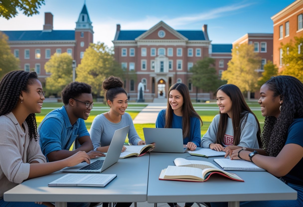45 Fully Funded Scholarships at Columbia University 2026 22 A group of diverse university students studying together outdoors on a university campus with classic brick buildings in the background.