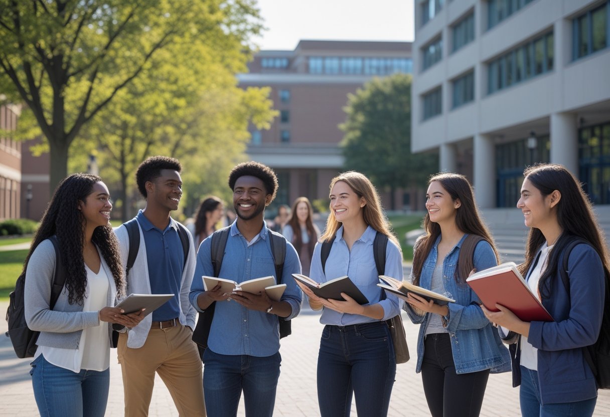 A diverse group of university students studying and talking together outdoors on a sunny day at a campus with academic buildings and trees.