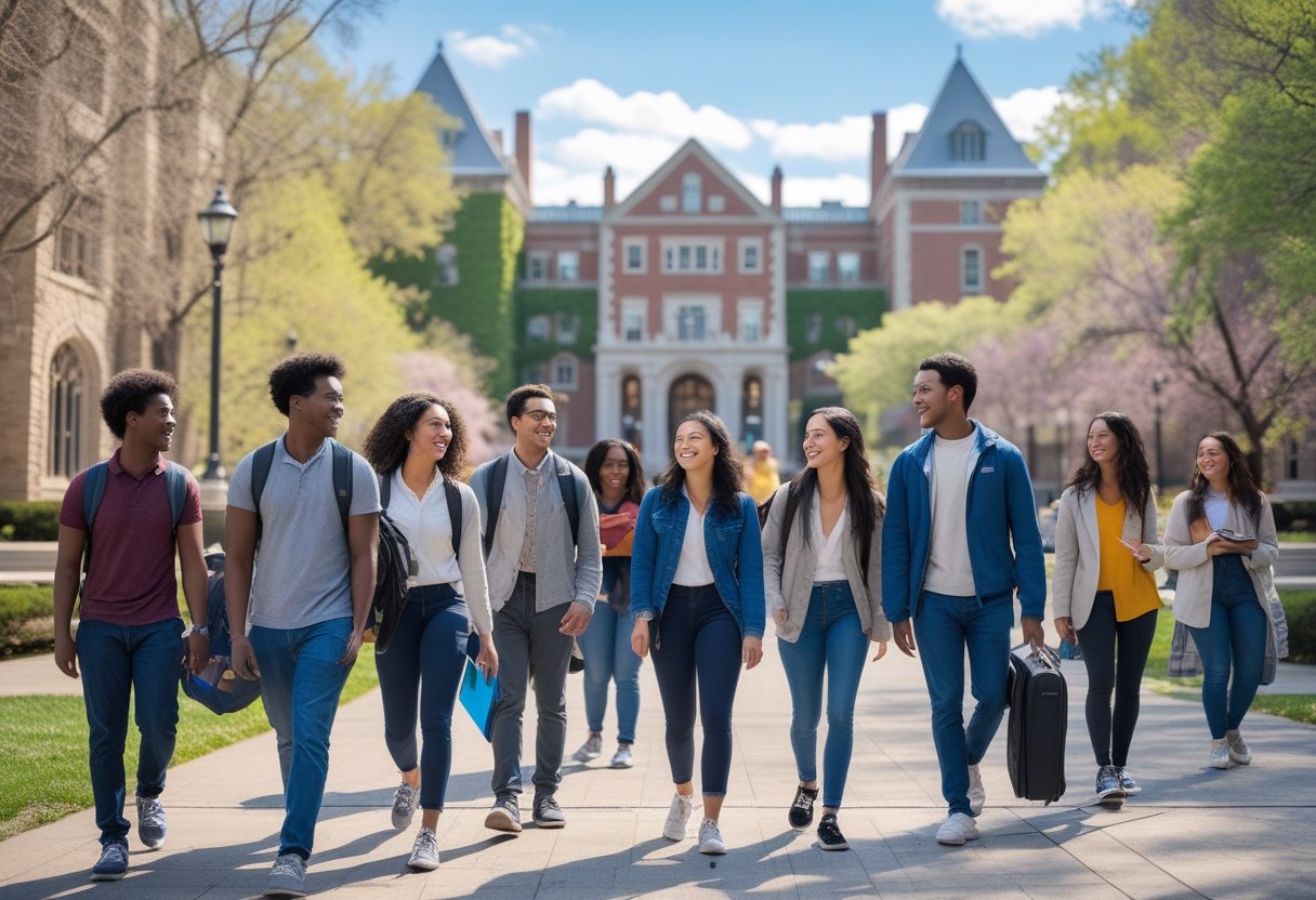 45 Fully Funded Scholarships at Columbia University 2026 23 A group of diverse college students walking and talking on a university campus with classic buildings in the background.