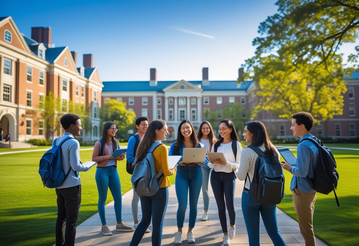A group of diverse university students studying and talking together on a green lawn with academic buildings in the background.