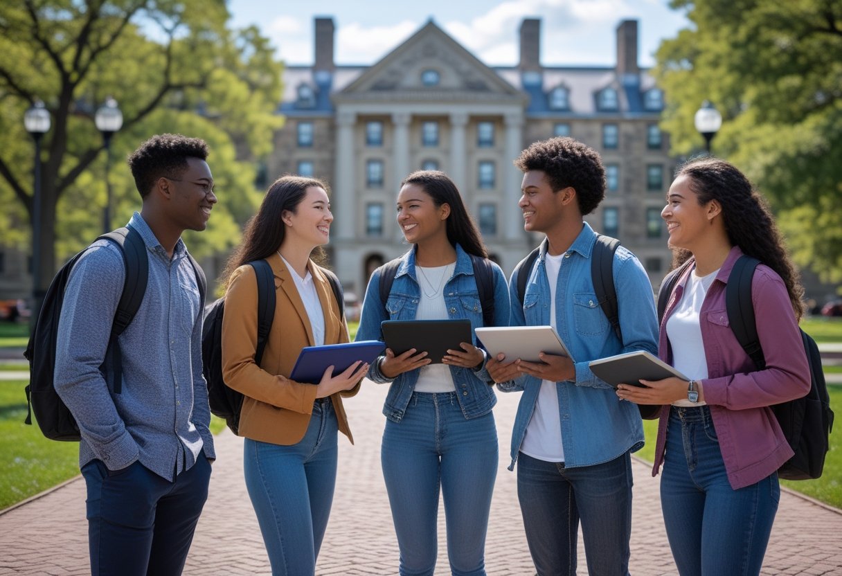 45 Fully Funded Scholarships at Columbia University 2026 24 A group of diverse young students standing together outdoors on a university campus with classic buildings and trees in the background.