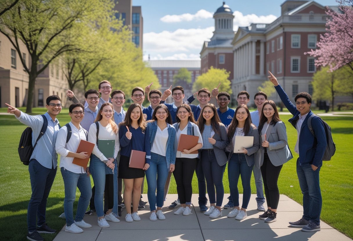 A diverse group of university students smiling and talking together on a sunny university campus with classic buildings and green lawns.