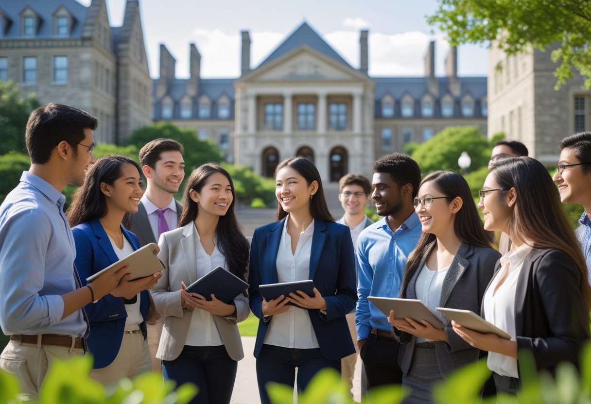 45 Fully Funded Scholarships at Columbia University 2026 25 A group of diverse graduate students talking and studying outside Columbia University campus buildings on a sunny day.