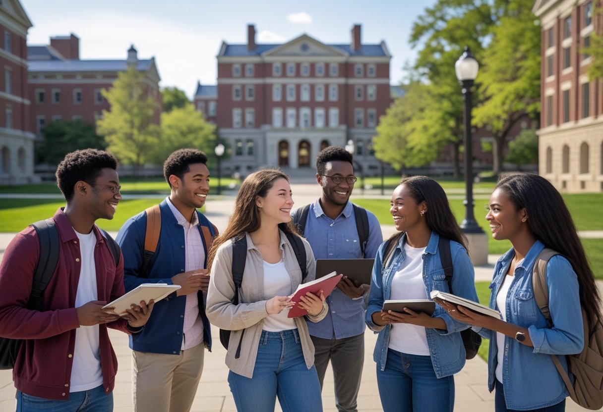 A diverse group of university students studying and talking together outdoors on the University of Pennsylvania campus.