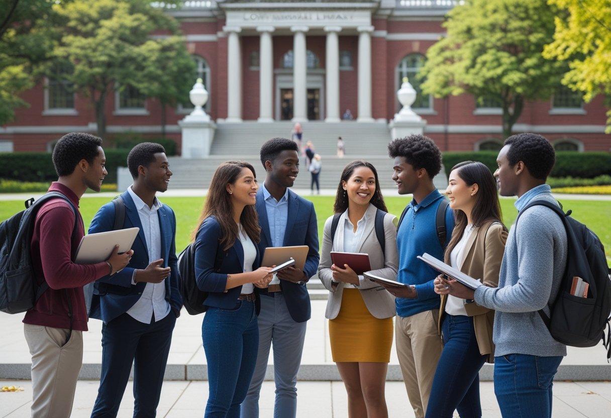 45 Fully Funded Scholarships at Columbia University 2026 26 A diverse group of young students talking and working together outside Columbia University near classical campus buildings.