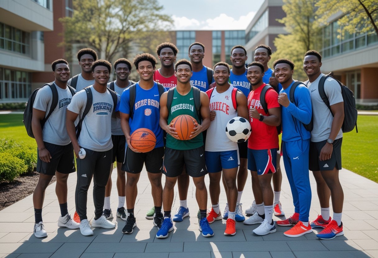 A group of diverse college athletes outdoors on a university campus, smiling and holding sports equipment.