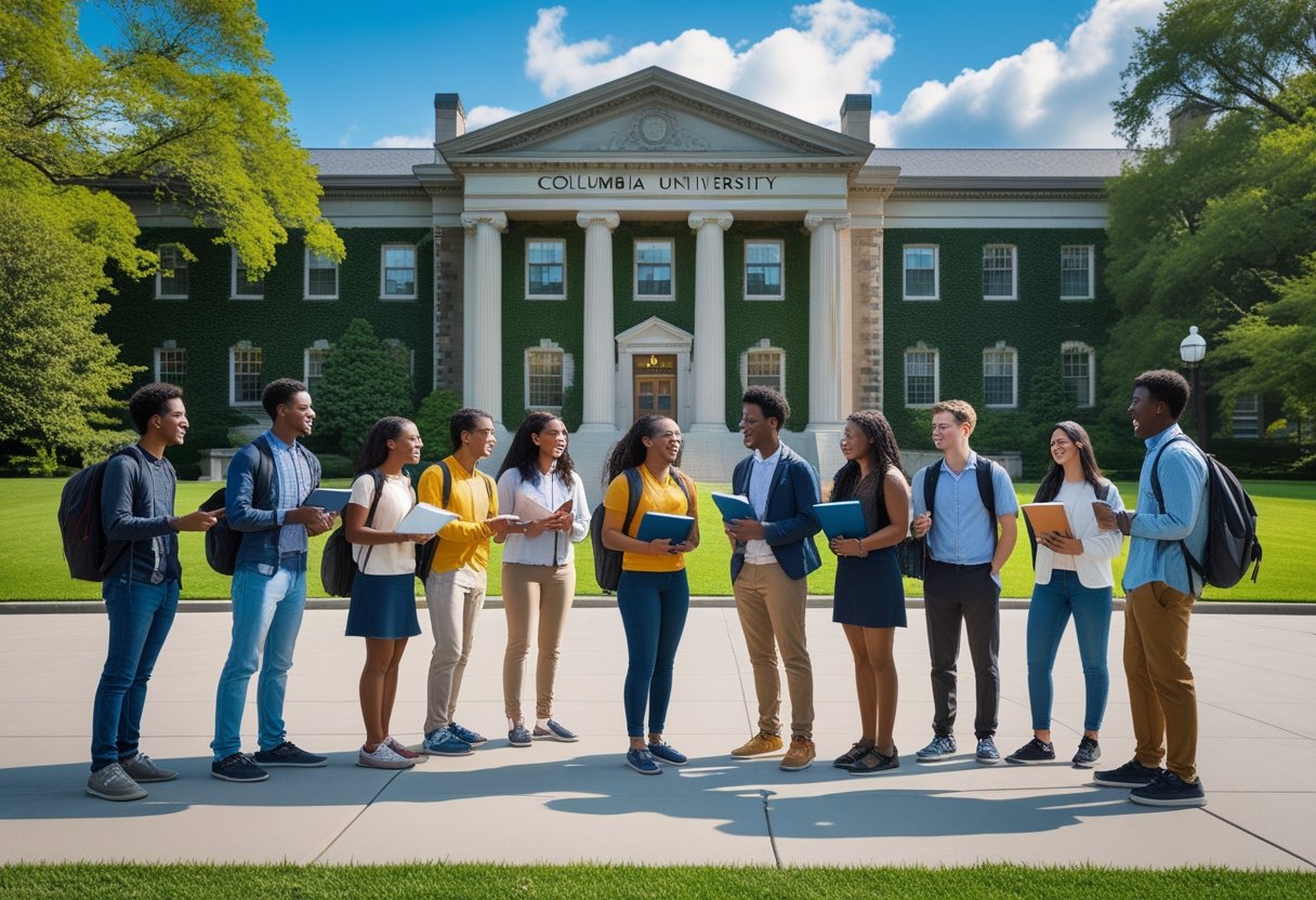 45 Fully Funded Scholarships at Columbia University 2026 27 A diverse group of university students talking outside a large academic building on a sunny day.