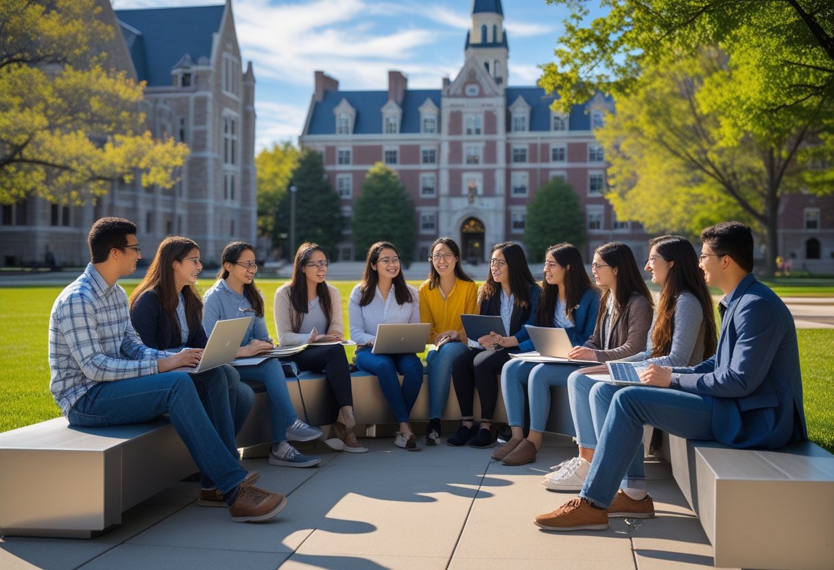 A group of diverse university students sitting and talking together outdoors on a university campus with historic buildings and greenery in the background.