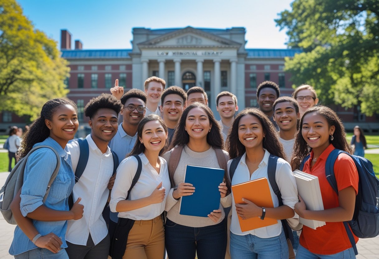 45 Fully Funded Scholarships at Columbia University 2026 28 A group of diverse college students smiling and talking on Columbia University campus with historic buildings and trees in the background.