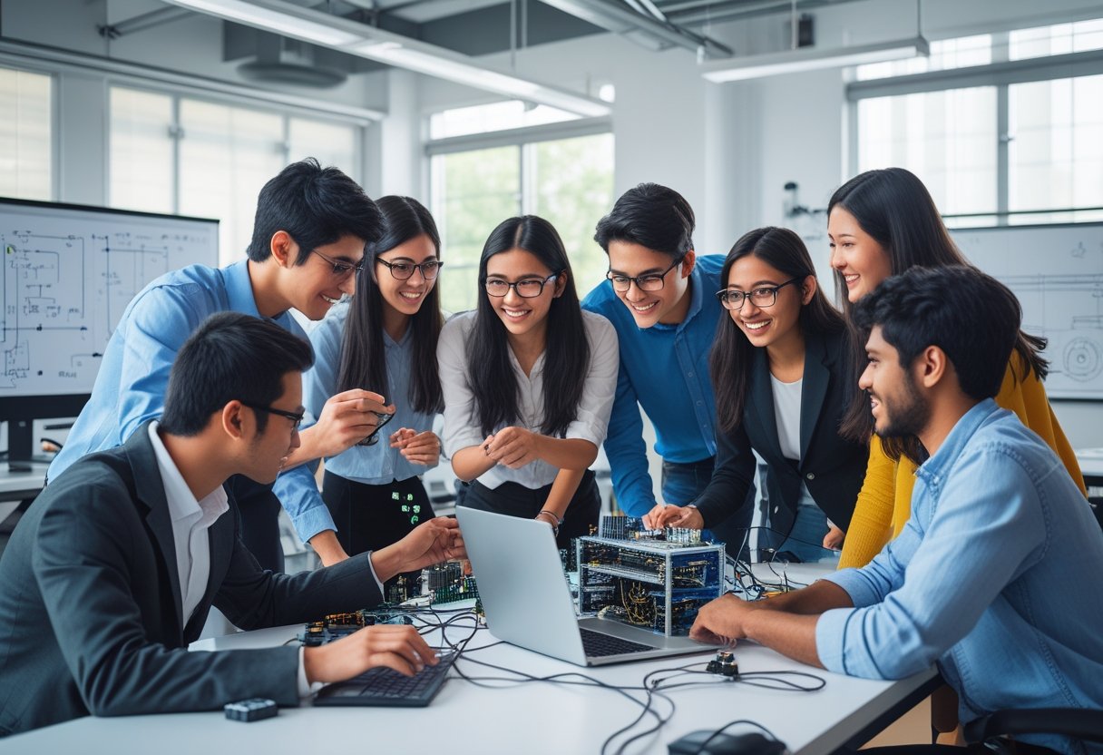 A diverse group of university students working together on engineering projects in a bright, modern lab.