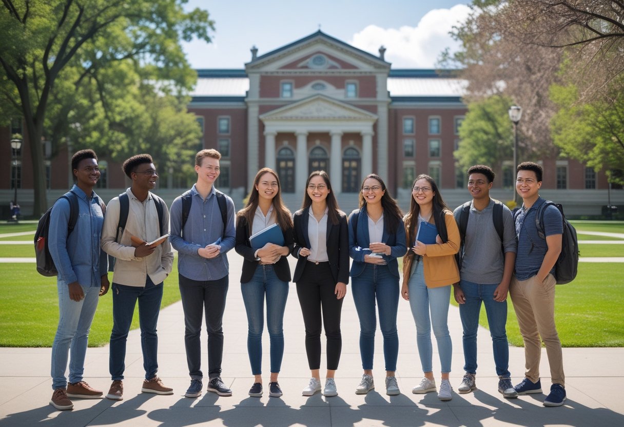 45 Fully Funded Scholarships at Columbia University 2026 29 A group of diverse college students standing and talking on Columbia University campus with historic buildings and green lawns in the background.
