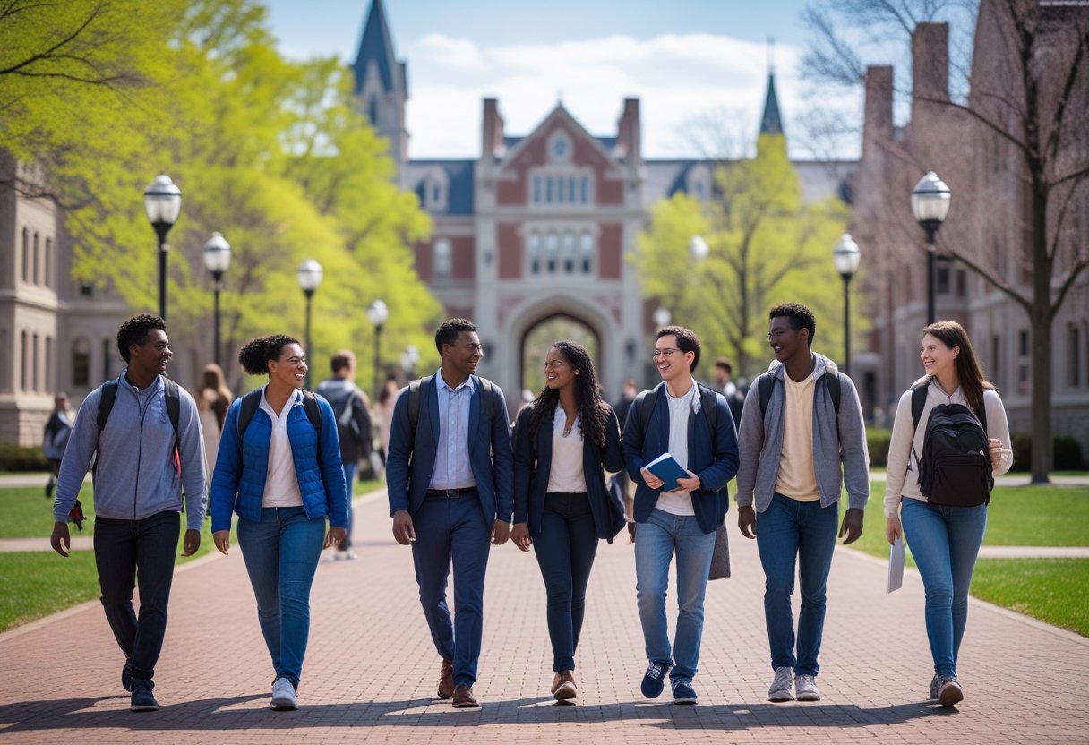 Undergraduate students walking and talking on a university campus with Gothic buildings and green trees in the background on a sunny day.