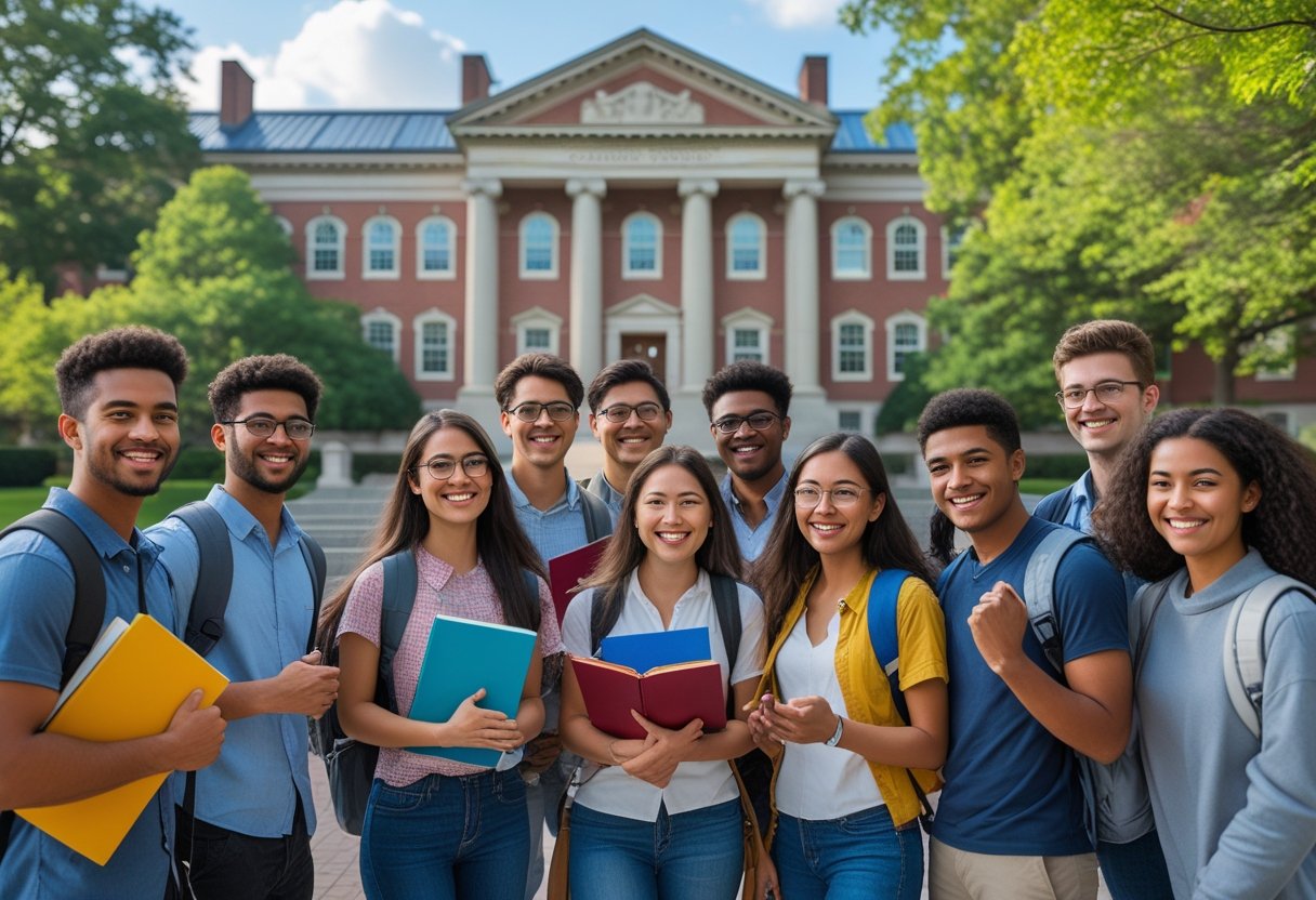 45 Fully Funded Scholarships at Columbia University 2026 30 A group of diverse college students standing and talking outside a large university building on a sunny day.