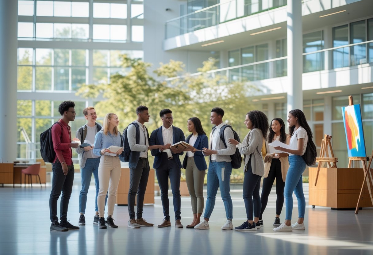 45 Fully Funded Scholarships at Columbia University 2026 31 A group of diverse students studying and discussing together in a bright university space with artistic elements in the background.