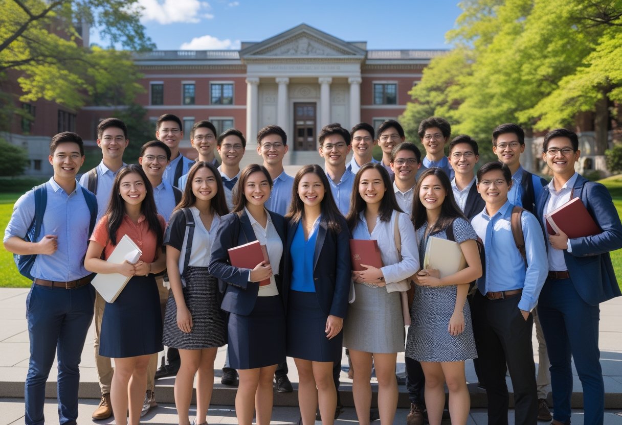 45 Fully Funded Scholarships at Columbia University 2026 32 A group of diverse young adults standing together on Columbia University campus with academic buildings and trees in the background.