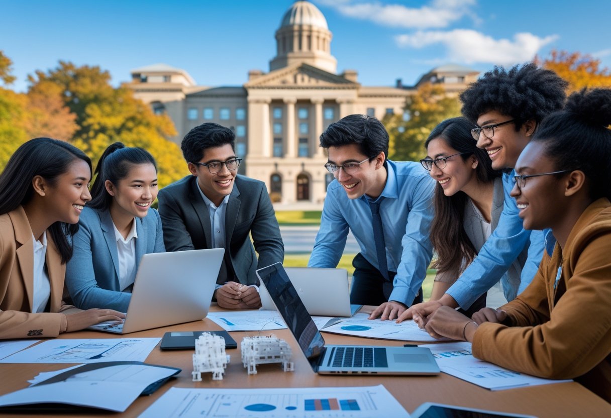45 Fully Funded Scholarships at Columbia University 2026 33 A diverse group of students collaborating around a table with laptops and engineering models in front of a large university building.