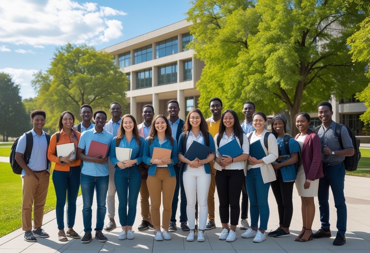 A diverse group of university students standing together outside a modern campus building on a sunny day.