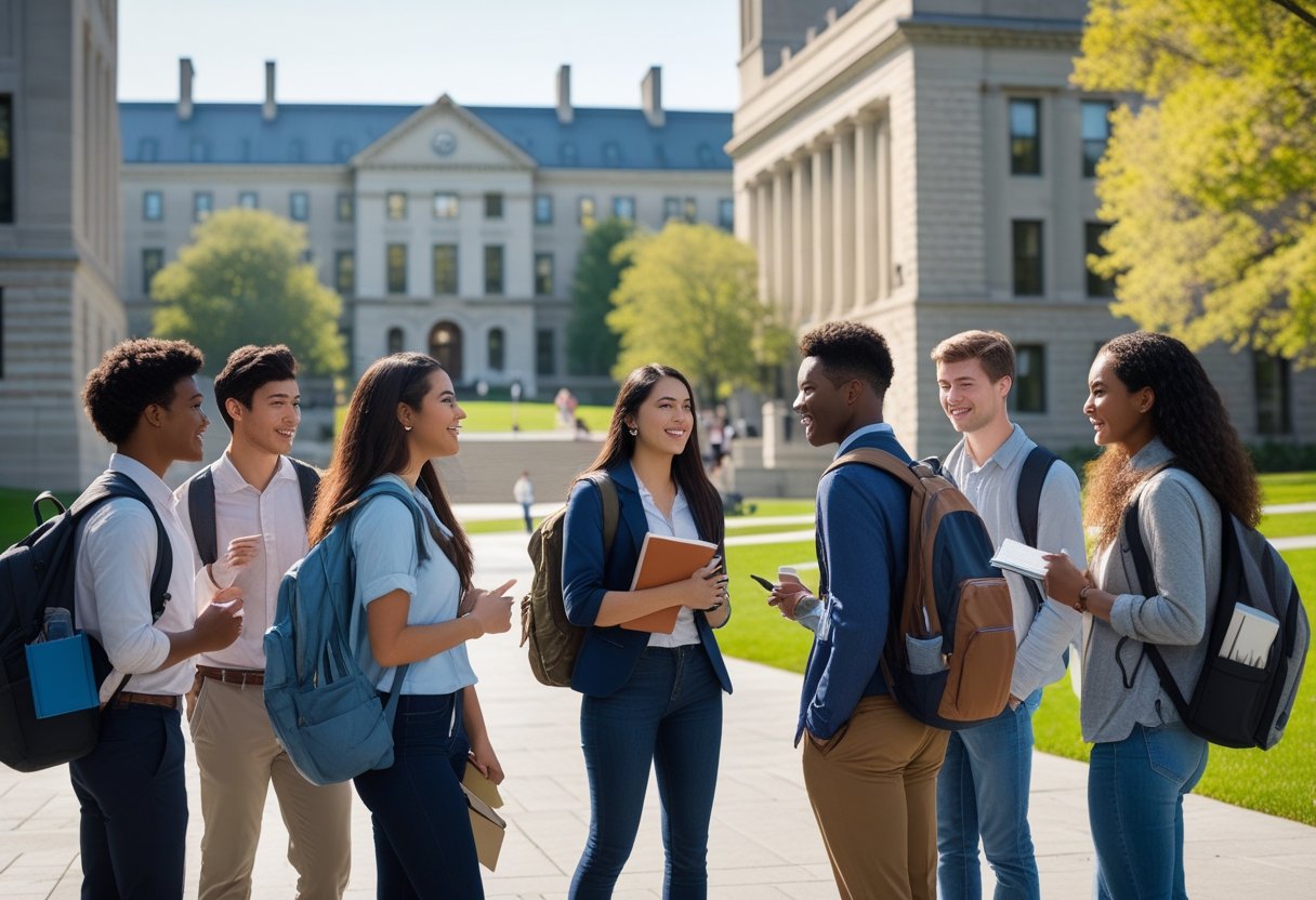 45 Fully Funded Scholarships at Columbia University 2026 34 A diverse group of young adults talking and studying outdoors on a university campus with classic stone buildings and green spaces.