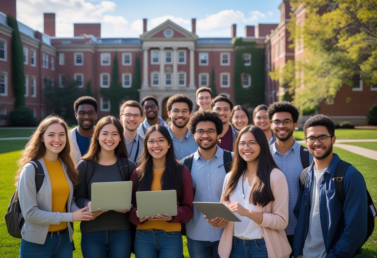 A group of diverse university students studying and talking together outdoors on a sunny day at a university campus with historic buildings and green lawns.