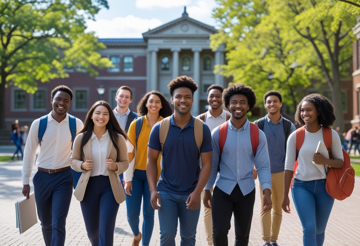 45 Fully Funded Scholarships at Columbia University 2026 37 A group of diverse college students walking on Columbia University campus with historic buildings and trees in the background.
