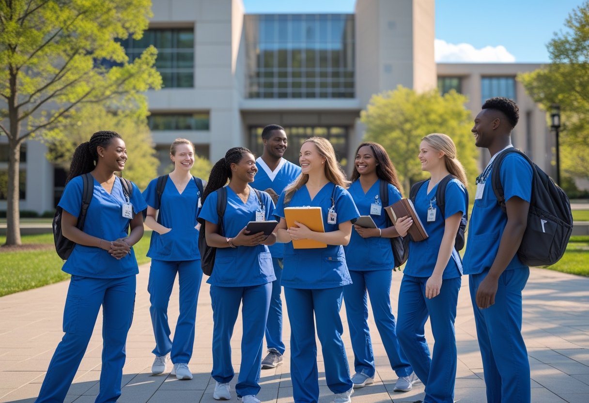 A group of nursing students standing and talking outside a university building on a sunny day.