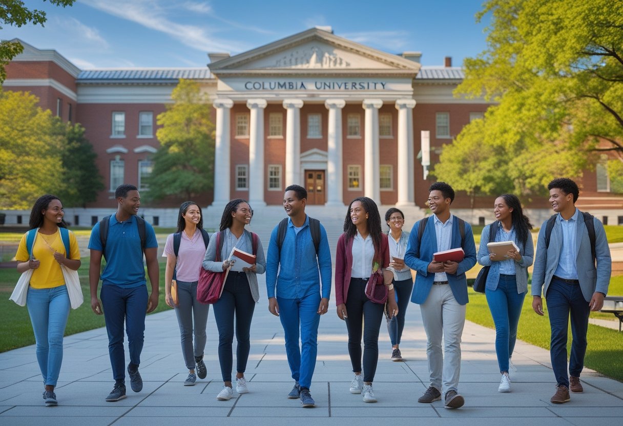 45 Fully Funded Scholarships at Columbia University 2026 38 A group of diverse students walking and talking outdoors near Columbia University buildings on a sunny day.
