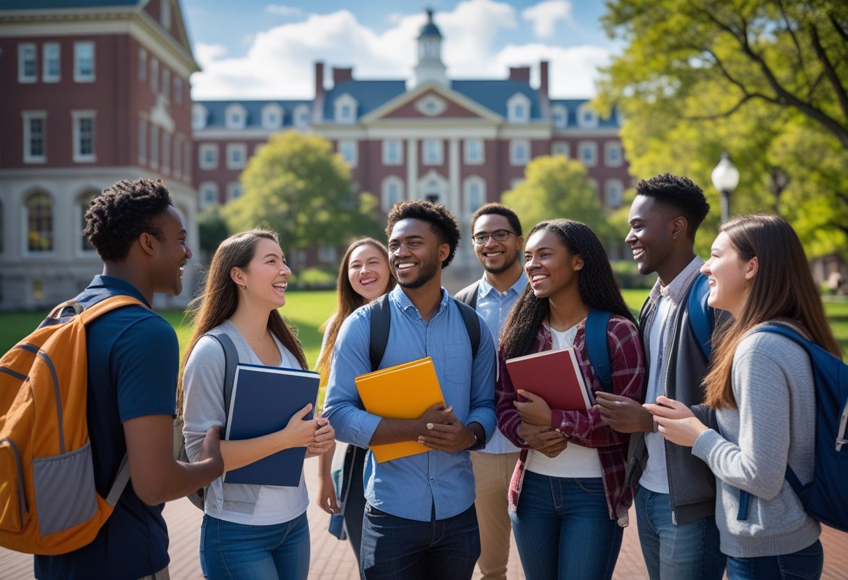 A group of diverse college students talking and smiling on a university campus with buildings and trees in the background.