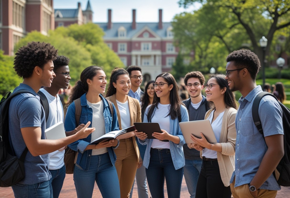 45 Fully Funded Scholarships at Columbia University 2026 39 A diverse group of university students studying and talking together outdoors on a university campus with academic buildings and trees in the background.