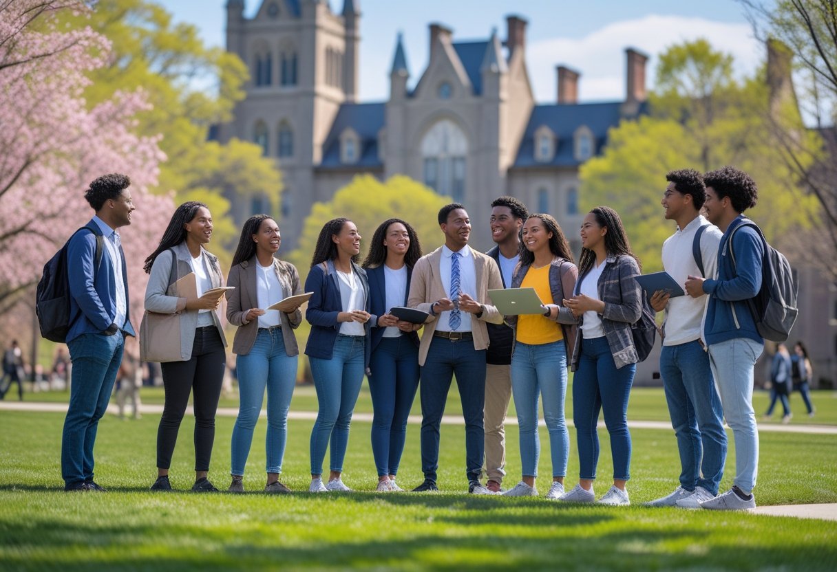 A group of diverse university students talking and studying together outdoors on a college campus with historic buildings and green trees in the background.