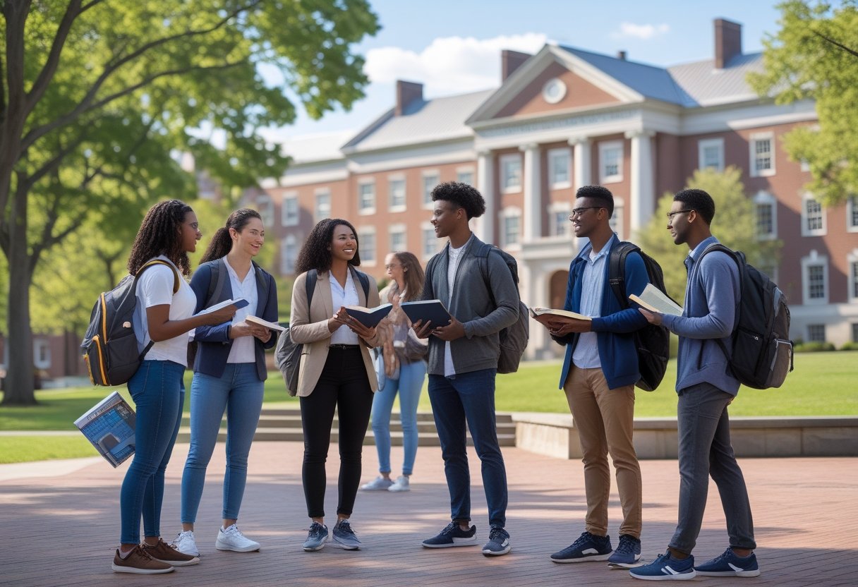 A group of diverse undergraduate students studying and talking together outside on a university campus with classic buildings and trees in the background.