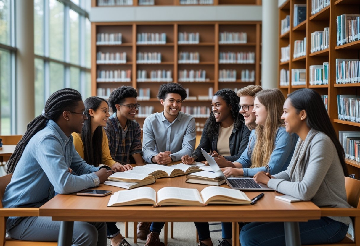 45 Fully Funded Scholarships at Columbia University 2026 41 A diverse group of university students studying and discussing together around a table in a bright library.