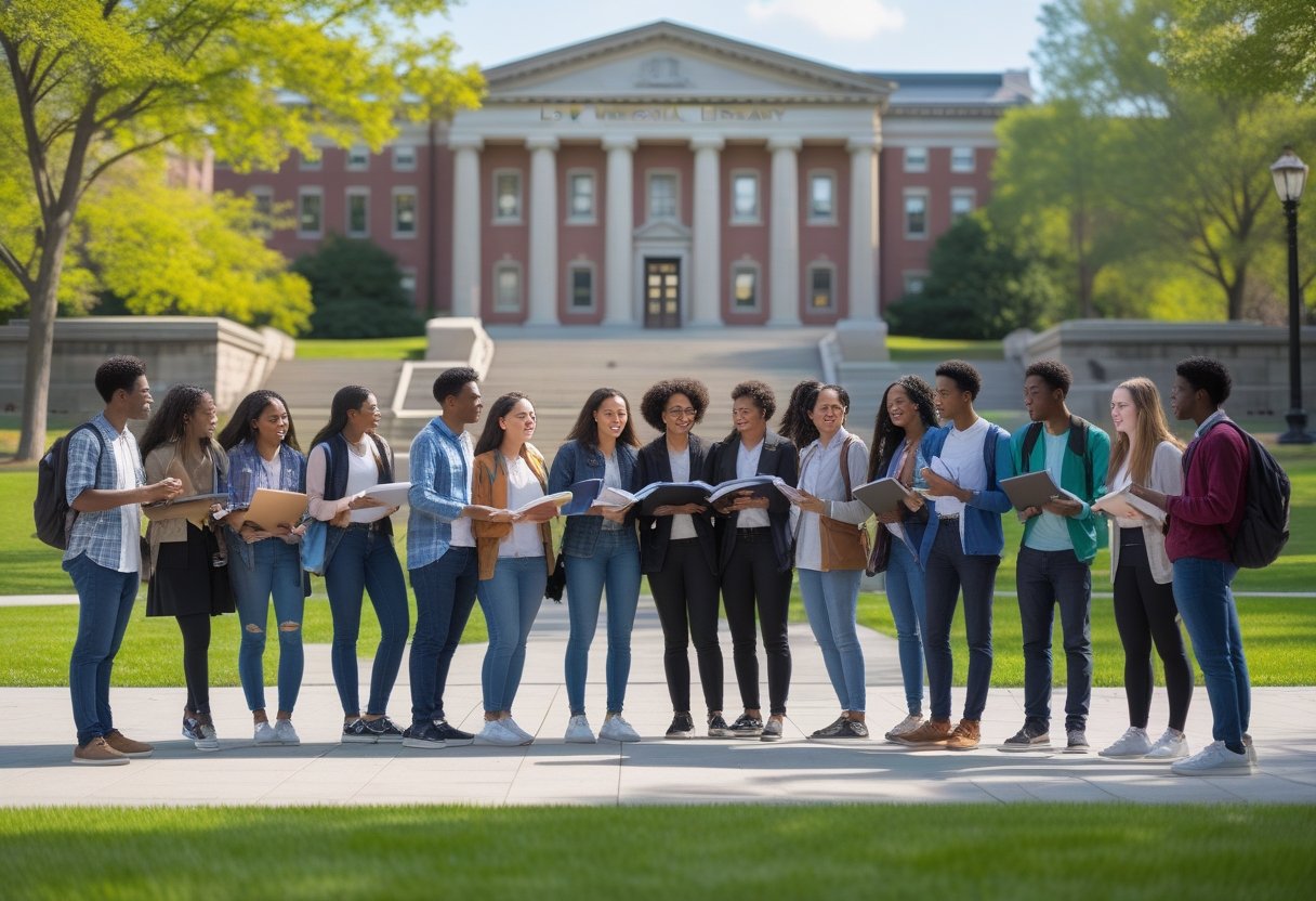 45 Fully Funded Scholarships at Columbia University 2026 42 A group of diverse college students studying and talking together outside Columbia University campus with iconic buildings and greenery in the background.