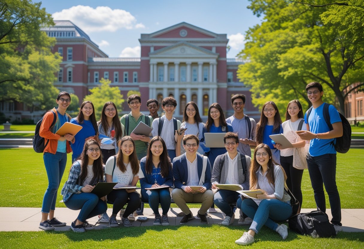45 Fully Funded Scholarships at Columbia University 2026 43 A group of diverse college students studying together outdoors on a university campus with historic buildings and green trees in the background.