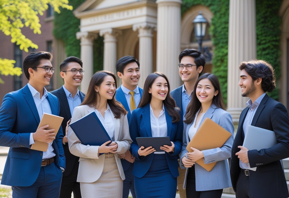 45 Fully Funded Scholarships at Columbia University 2026 44 A group of diverse graduate students standing and talking on a university campus with classical buildings in the background.