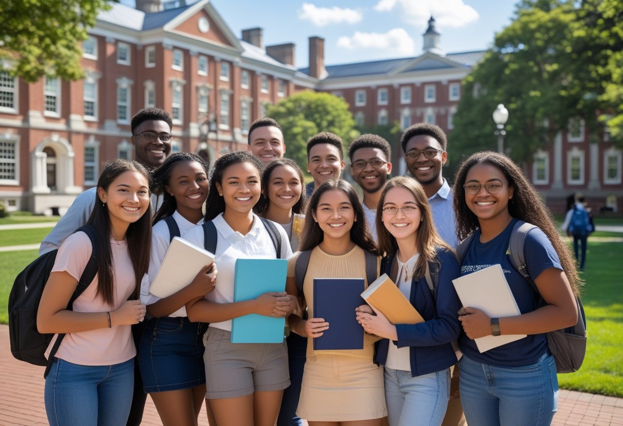 A group of diverse university students smiling and standing together outdoors on a university campus with classic red brick buildings and green trees in the background.
