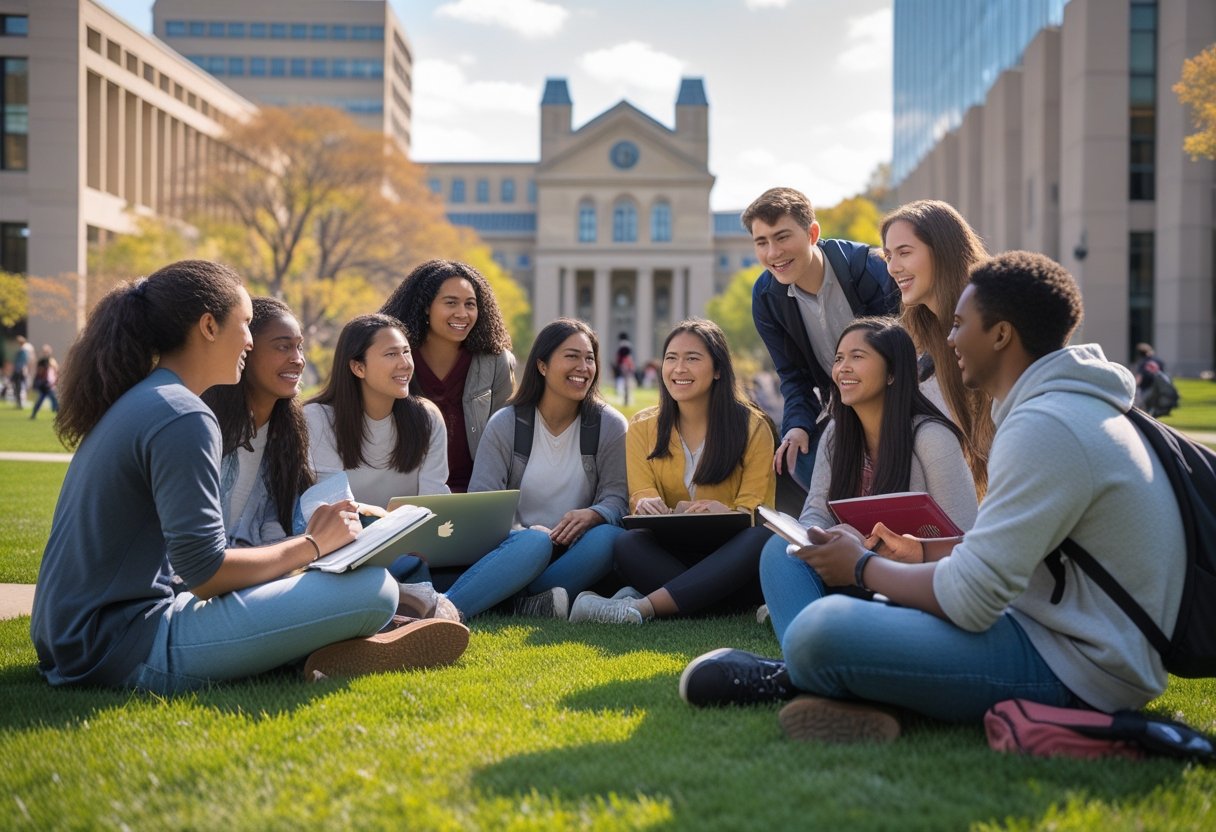 A diverse group of university students talking and studying together outdoors on a sunny day at a university campus.