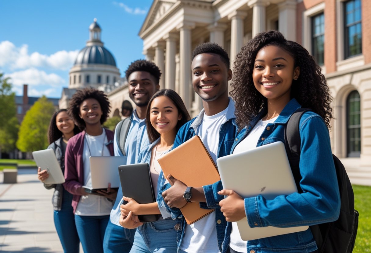 45 Fully Funded Scholarships at Columbia University 2026 45 A group of diverse university students standing outdoors on a campus with university buildings and trees in the background.