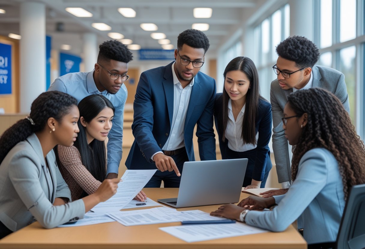 A group of students and an academic advisor discussing scholarship application details in a bright university office.