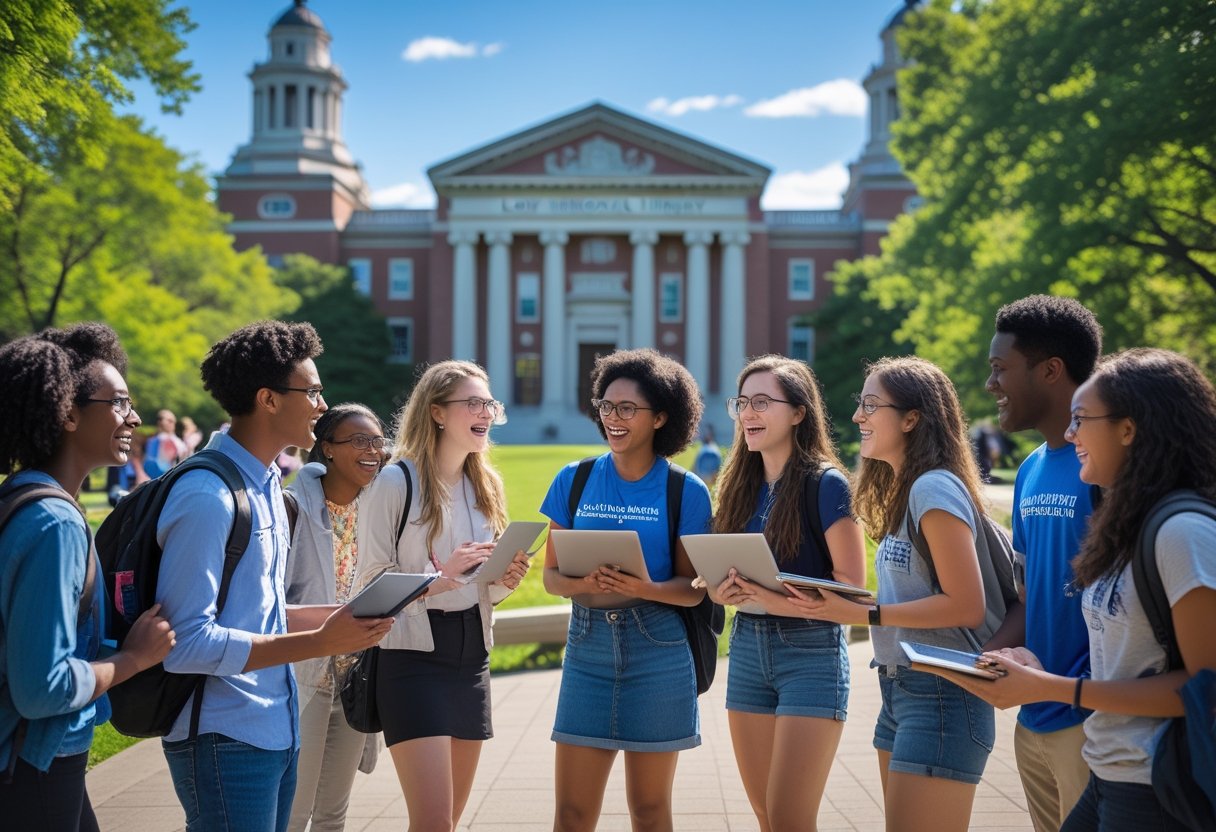45 Fully Funded Scholarships at Columbia University 2026 46 A group of diverse college students studying and talking outside on a sunny day at Columbia University campus.