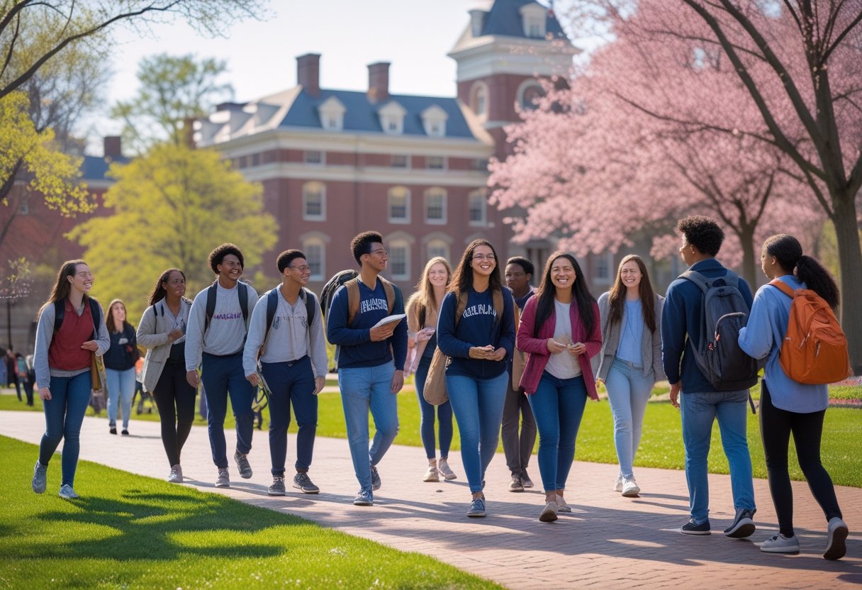 A group of diverse university students walking and talking on a green campus with classic buildings and trees.