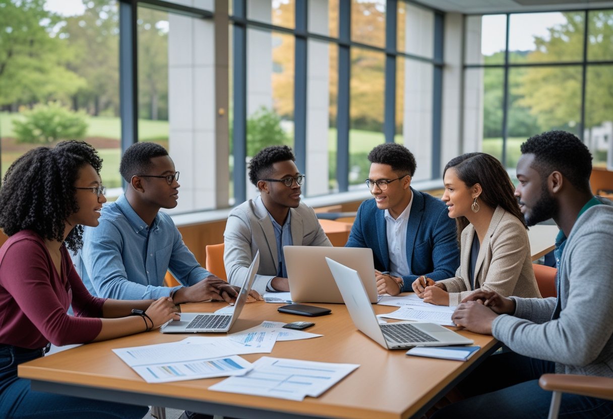 45 Fully Funded Scholarships at Columbia University 2026 48 A group of diverse students studying together in a bright university study area with laptops and notes.