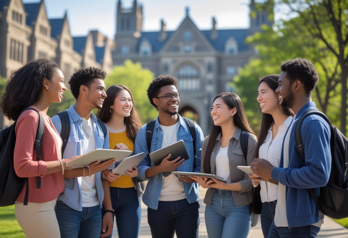 A group of diverse university students talking and studying together outside on a campus with historic buildings and greenery.