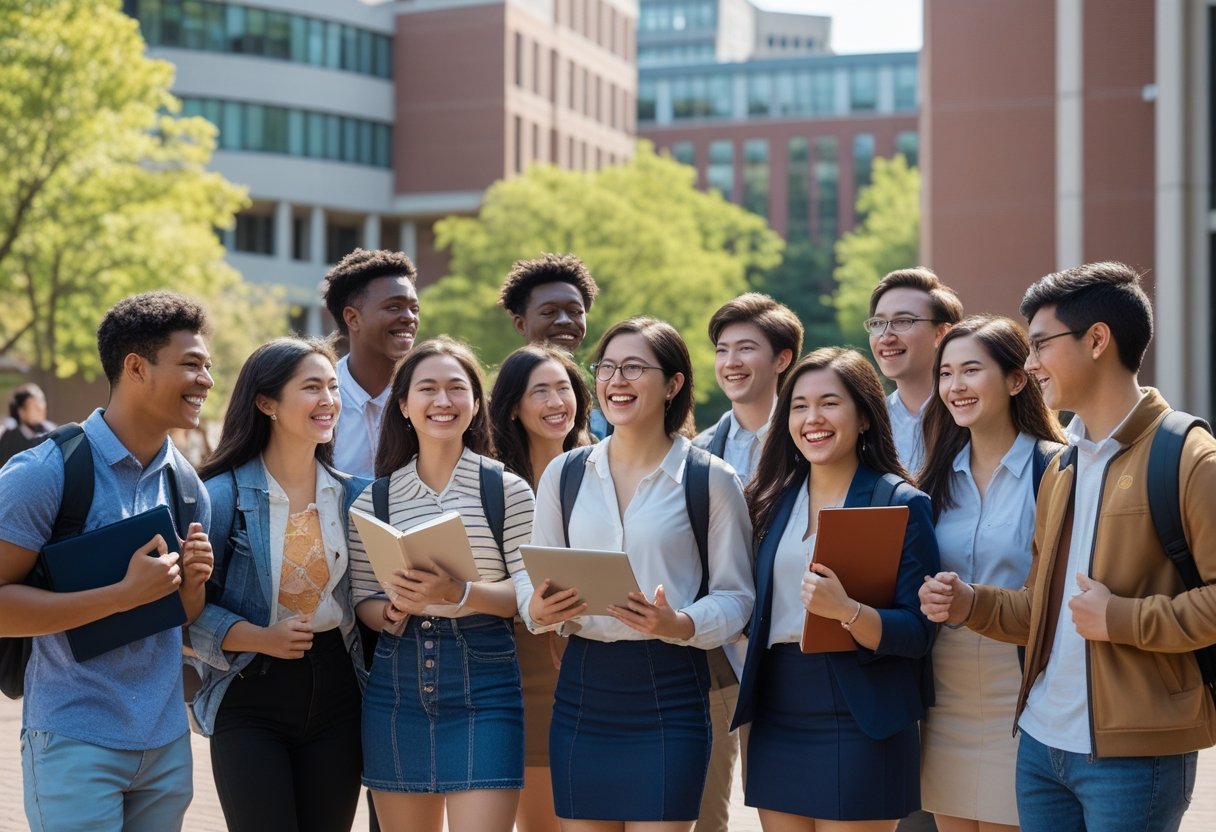 45 Fully Funded Scholarships at Columbia University 2026 49 A group of diverse university students smiling and talking outdoors on a university campus with buildings and trees in the background.