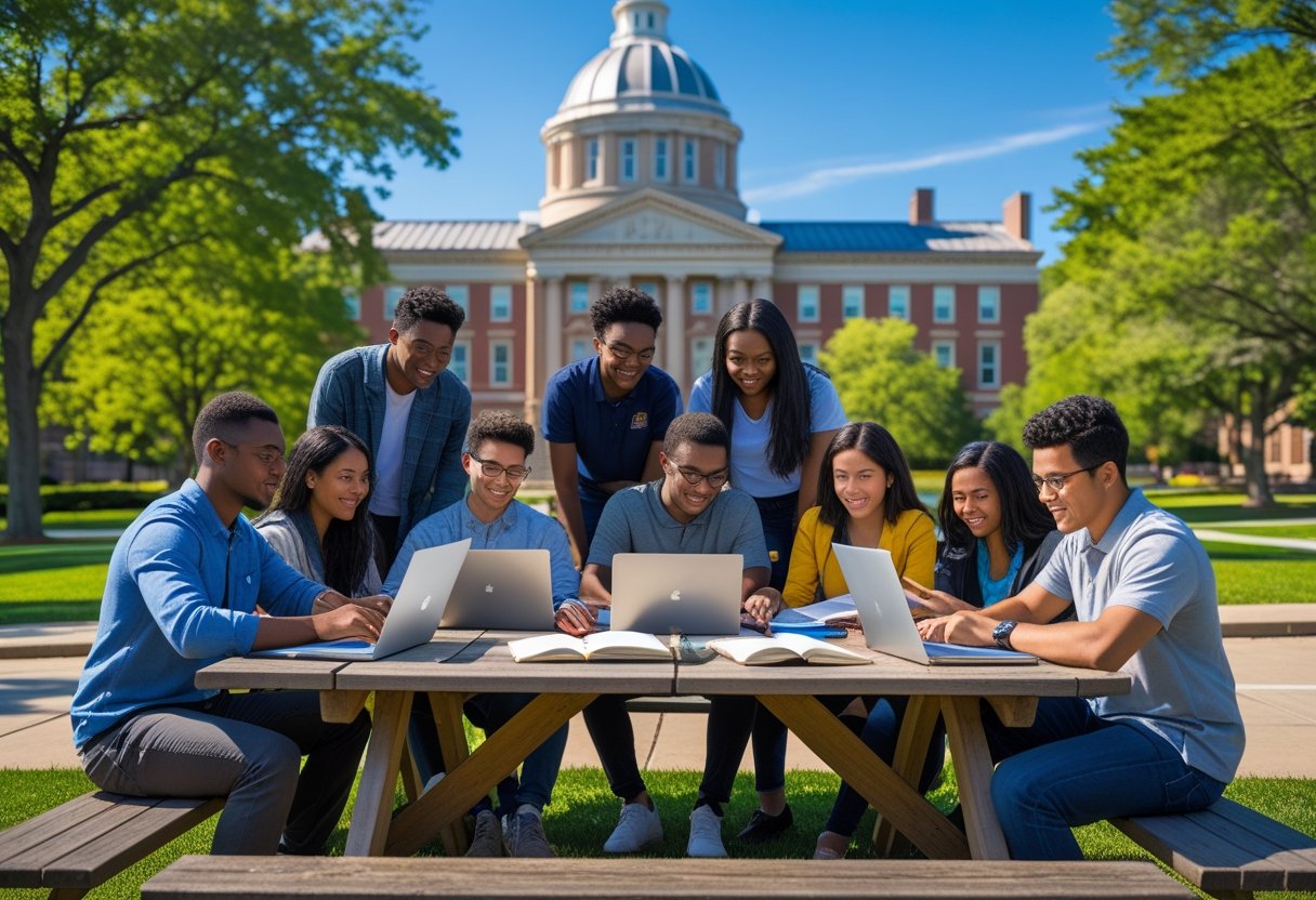 45 Fully Funded Scholarships at Columbia University 2026 50 A group of diverse university students studying together outdoors on a university campus with classical buildings and green trees in the background.