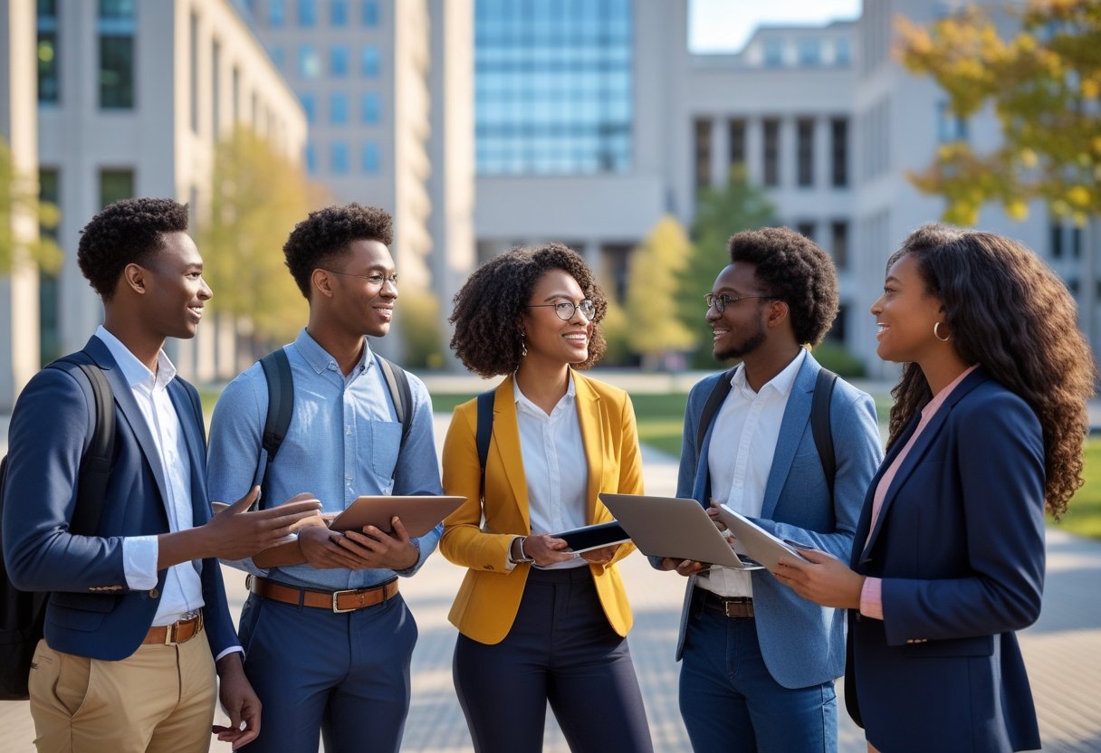 45 Fully Funded Scholarships Massachusetts Institute of Technology 2026 5 A diverse group of young adults discussing and studying together outdoors on the Massachusetts Institute of Technology campus.