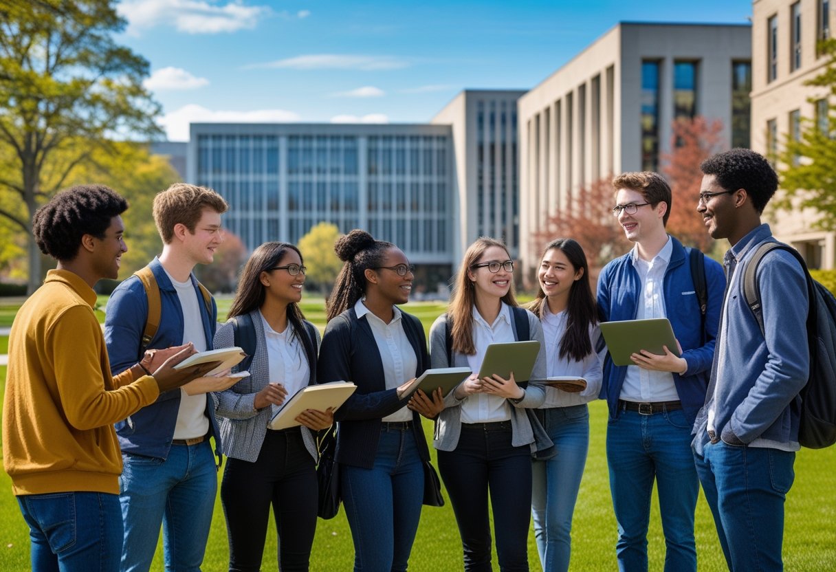 45 Fully Funded Scholarships Massachusetts Institute of Technology 2026 6 A diverse group of young adults studying and talking together outdoors on a university campus with modern buildings in the background.