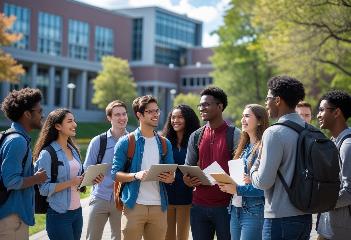 45 Fully Funded Scholarships Massachusetts Institute of Technology 2026 8 A group of diverse college students talking and studying together outdoors on the MIT campus with modern buildings in the background.