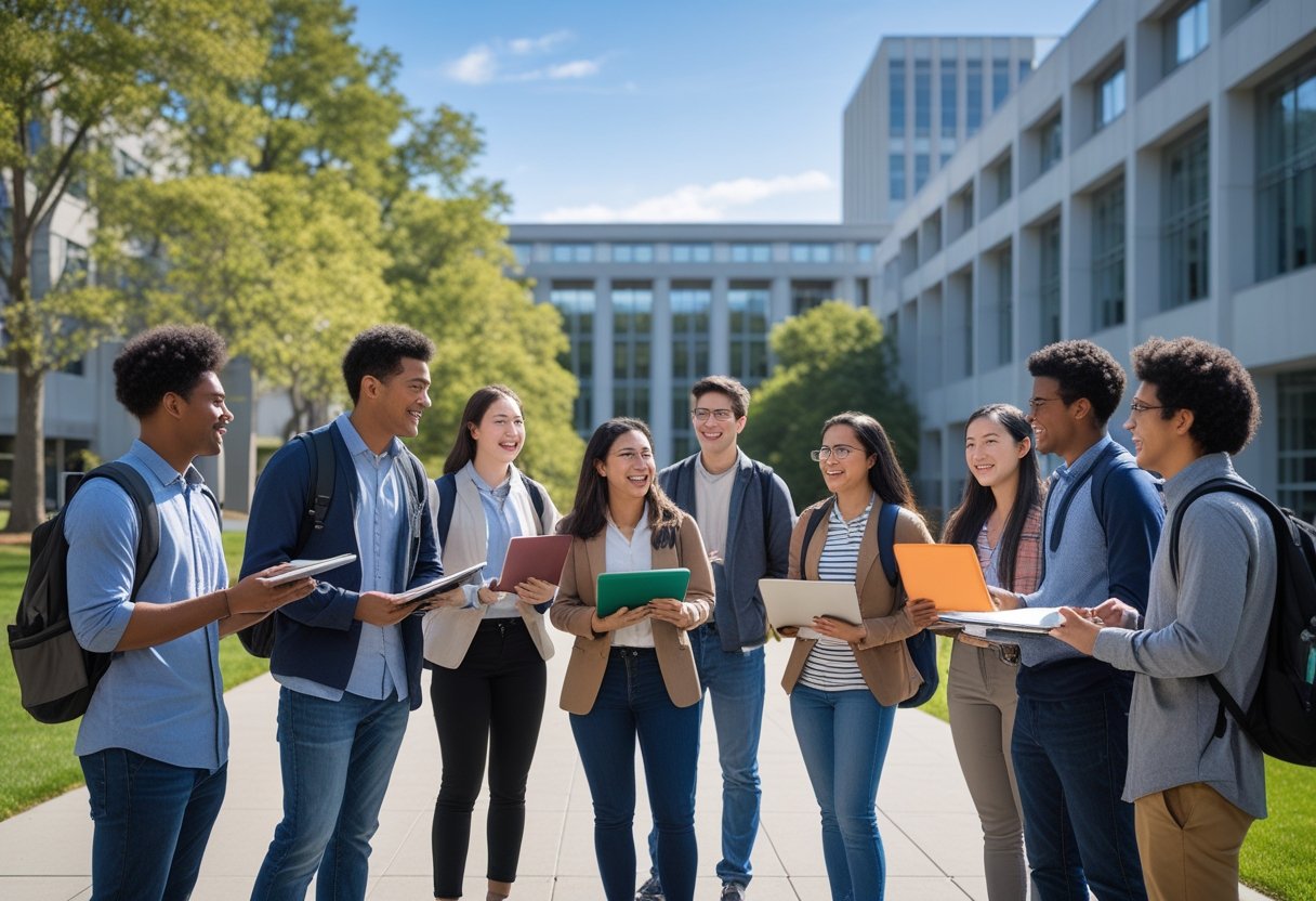 45 Fully Funded Scholarships Massachusetts Institute of Technology 2026 11 A group of diverse students studying and talking together outside on a university campus with modern buildings and greenery in the background.