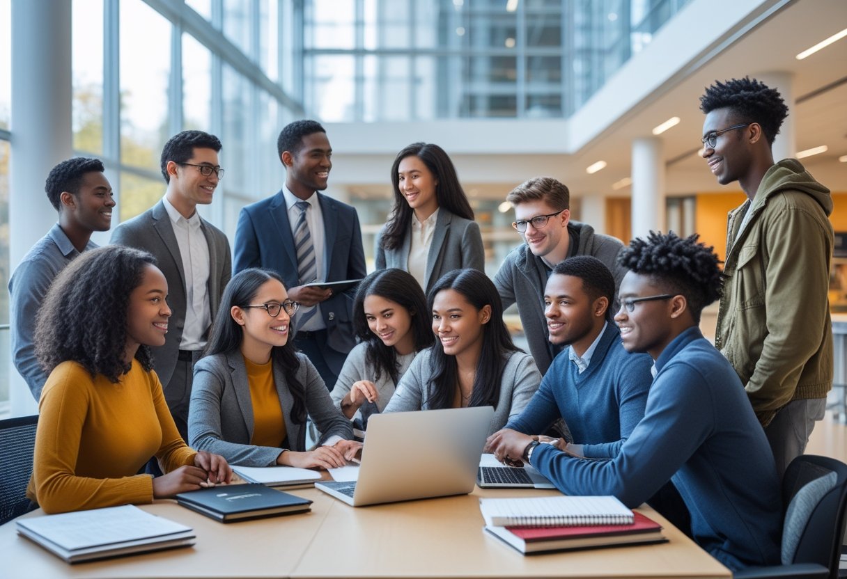 45 Fully Funded Scholarships Massachusetts Institute of Technology 2026 12 A diverse group of young adults studying and discussing together in a bright university setting with modern architecture in the background.
