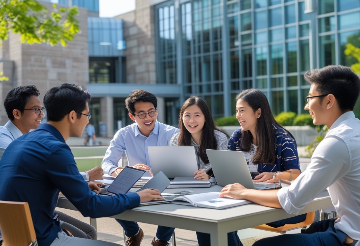 45 Fully Funded Scholarships Massachusetts Institute of Technology 2026 21 A diverse group of graduate students studying together outdoors on the MIT campus with modern buildings in the background.